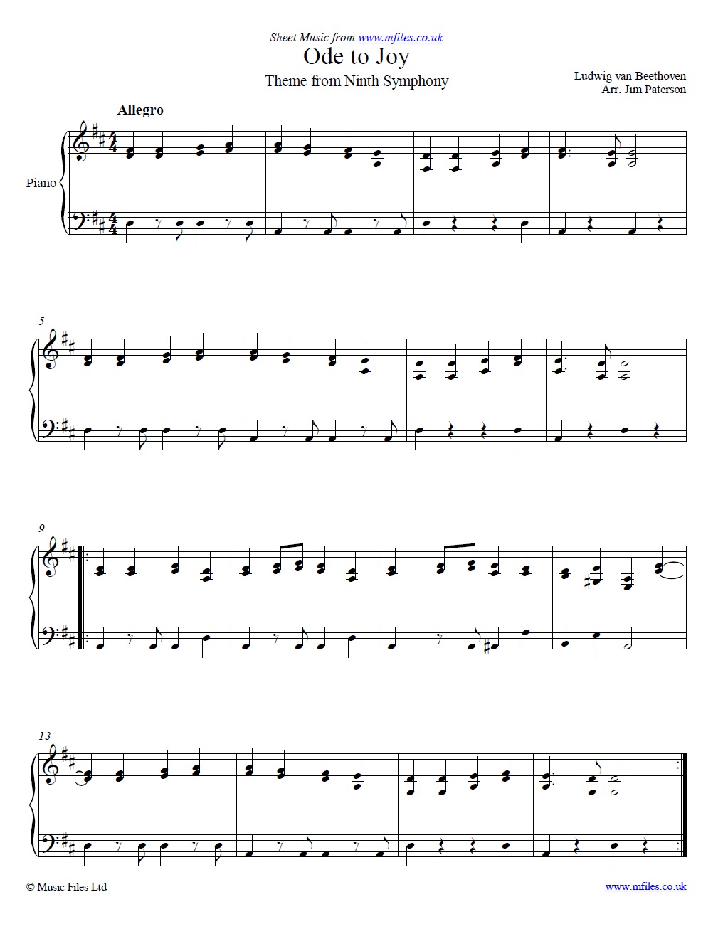 Beethoven's Ode to Joy for piano - sheet music 1st page