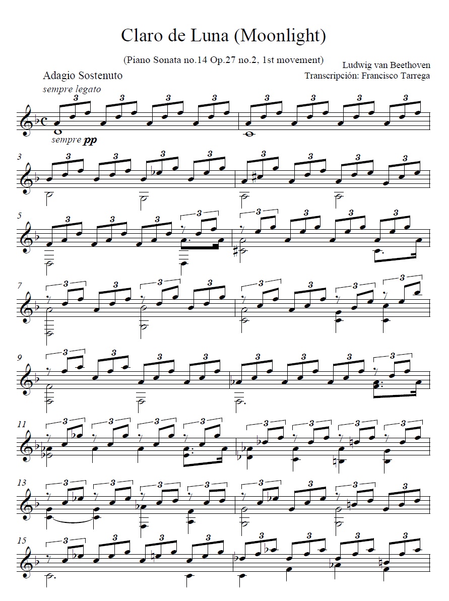 Beethoven's Moonlight Sonata (arranged for Guitar by Tárrega) - sheet music 1st page