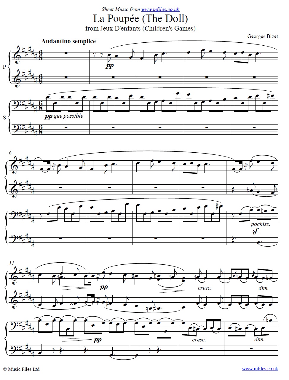 Bizet's La Poupée (The Doll) from Jeux d'Enfants (Piano Duet) - sheet music 1st page