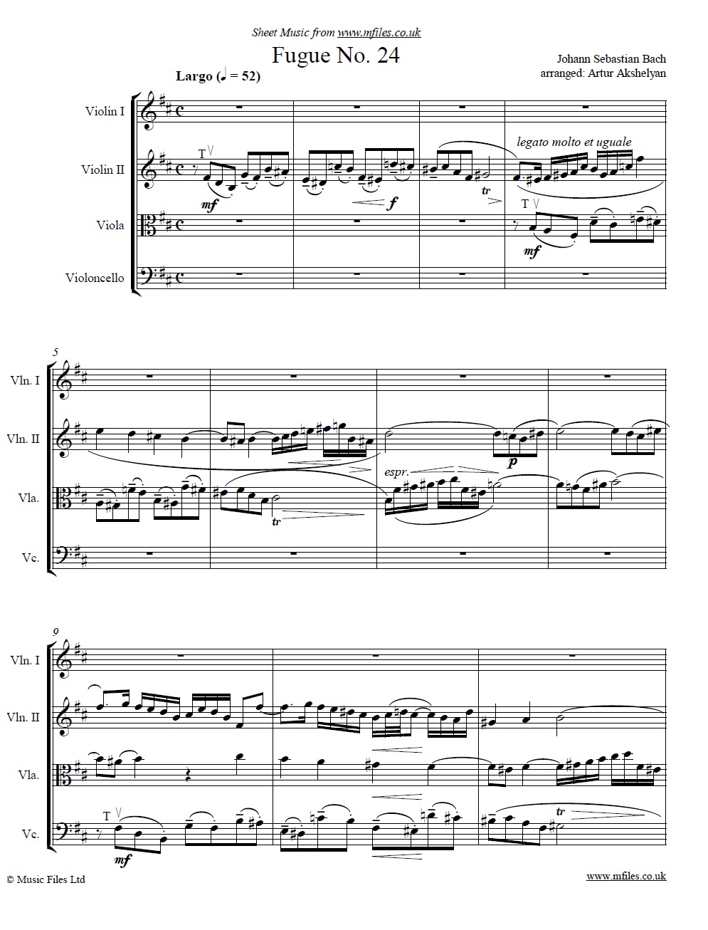 Bach's Fugue No.24 from book 1 of the WTC (for string quartet) - sheet music 1st page