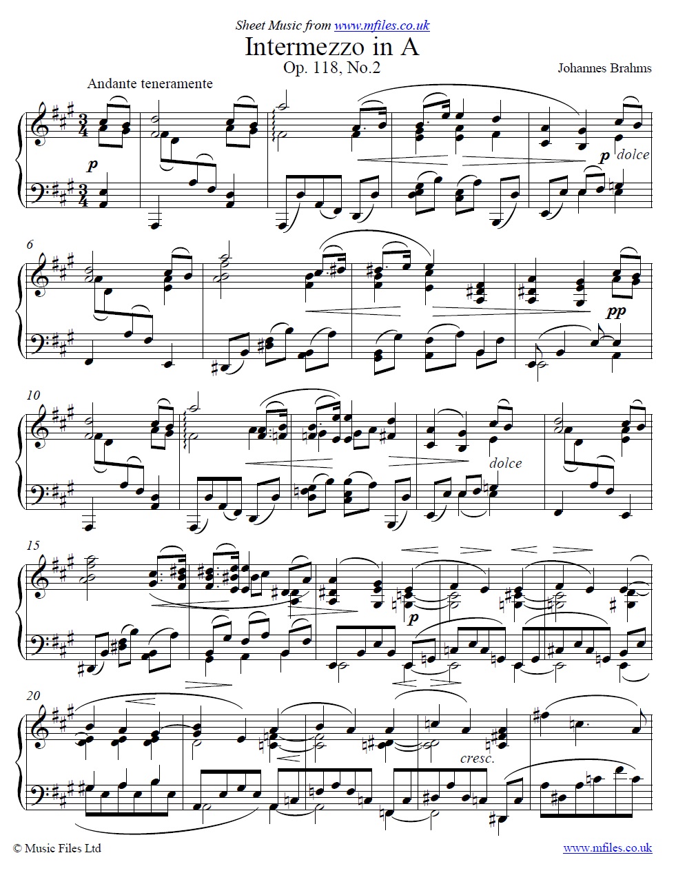 Brahms' Intermezzo Op.118 No.2 for piano - sheet music 1st page