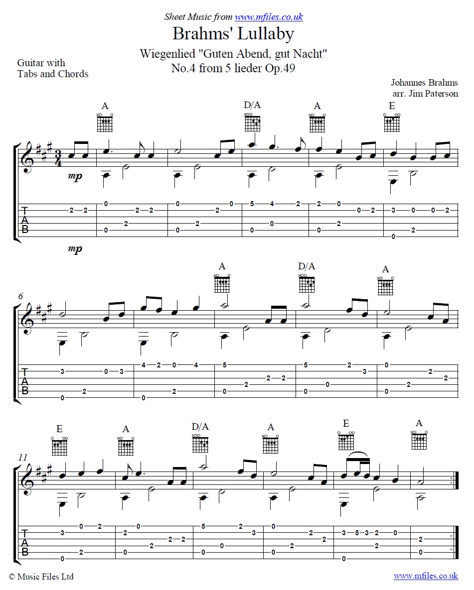 Brahms' Lullaby (Wiegenlied) for guitar - sheet music 1st page