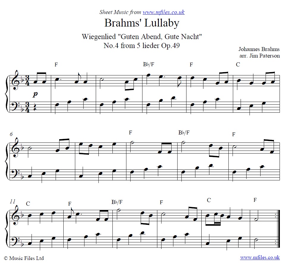 Brahms' Lullaby (Wiegenlied) for piano - sheet music 1st page