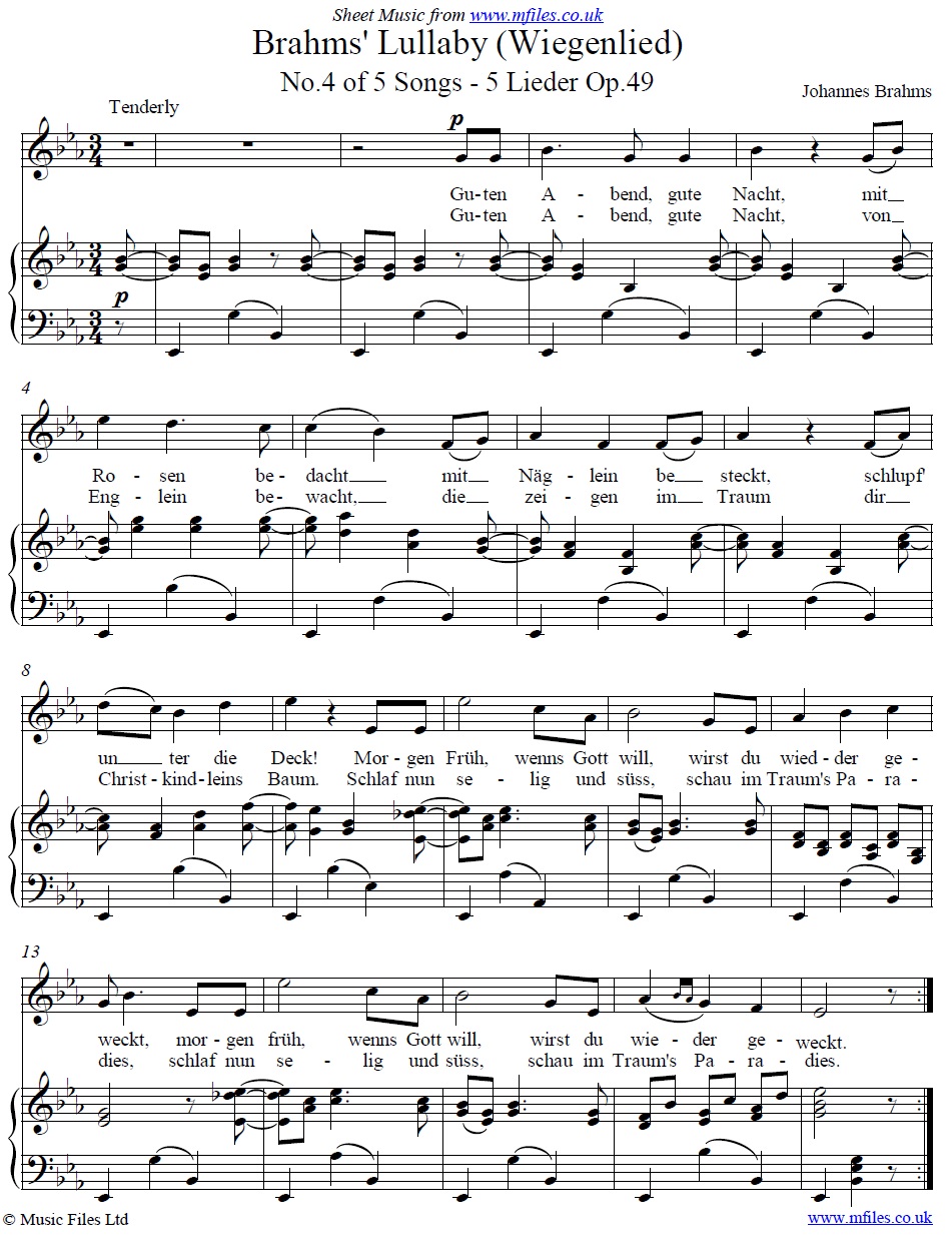 Brahms' Lullaby (Wiegenlied) for voice and piano - sheet music 1st page