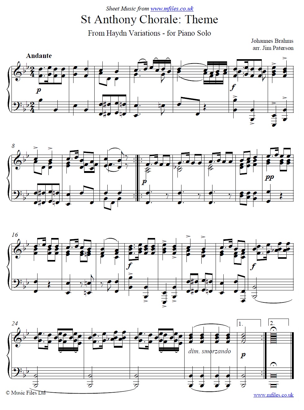 Brahms' St. Anthony Chorale Variations (Theme) for Piano Solo - sheet music 1st page