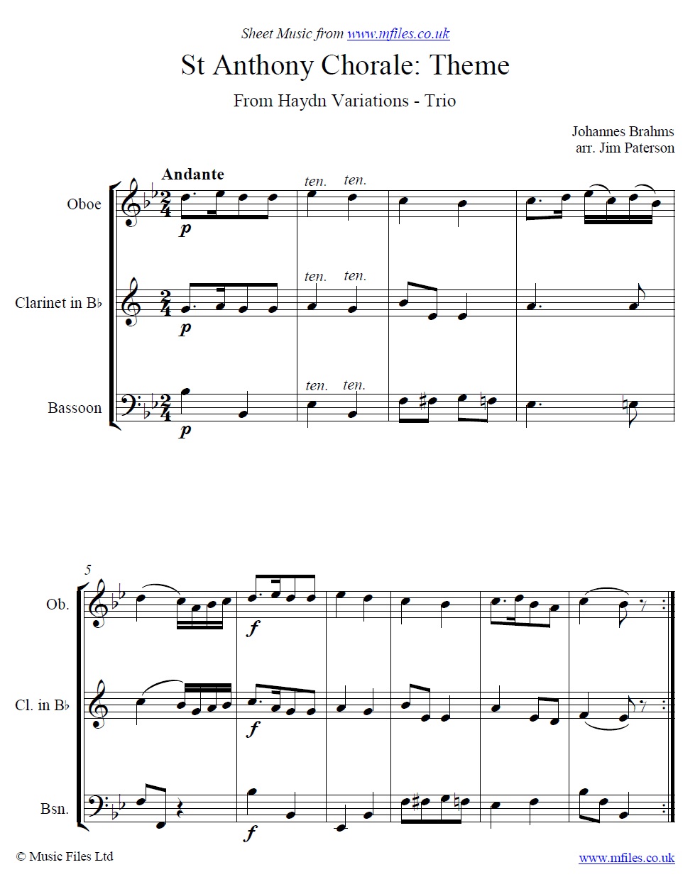 Brahms' St. Anthony Chorale Variations (Theme) arranged for Trio - sheet music 1st page