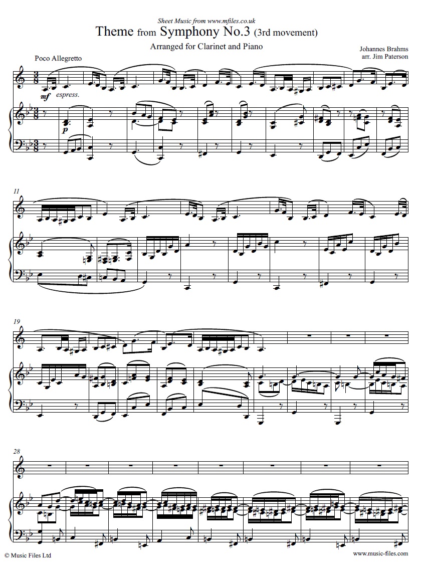 Brahms' Theme from Symphony No.3, 3rd movement for Clarinet & Piano - sheet music 1st page