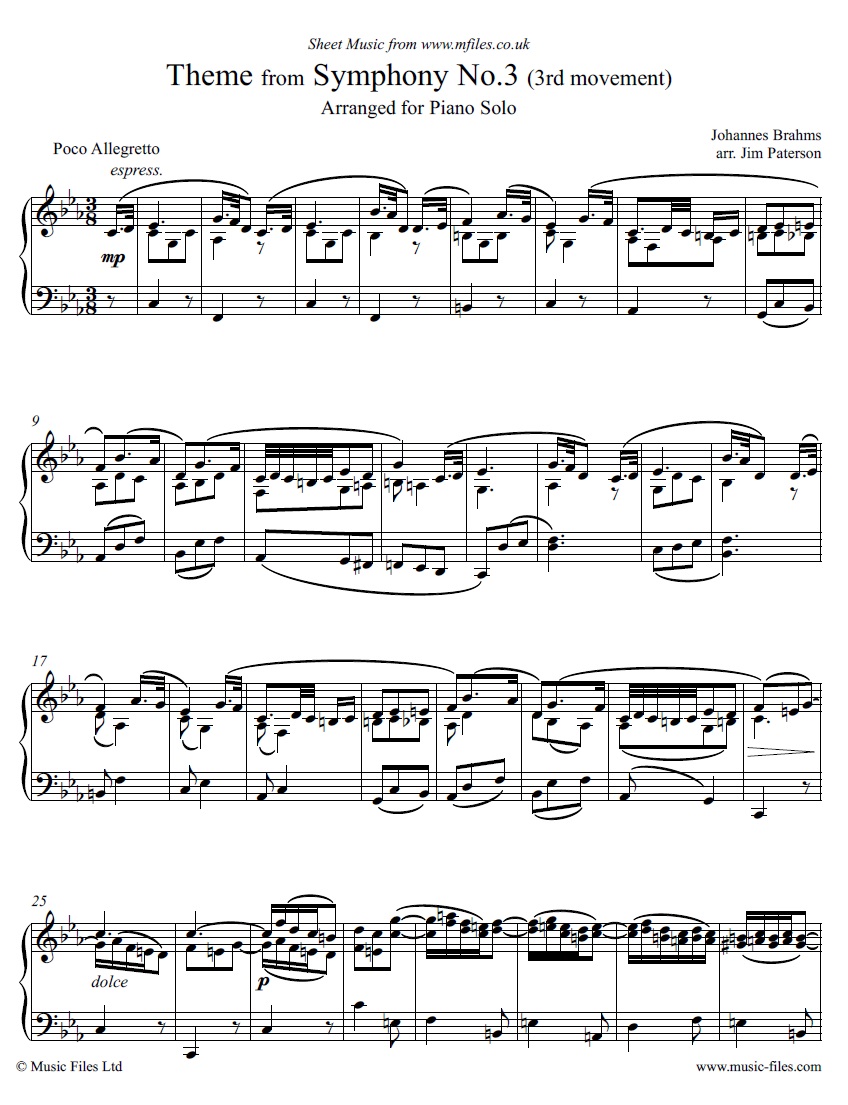 Brahms' Theme from Symphony No.3, 3rd movement for Piano Solo - sheet music 1st page