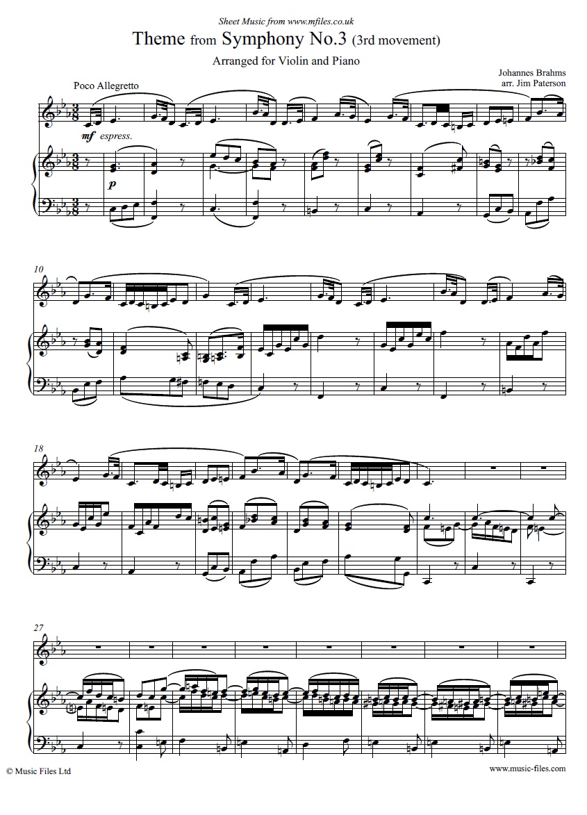 Brahms' Theme from Symphony No.3, 3rd movement for Violin & Piano - sheet music 1st page