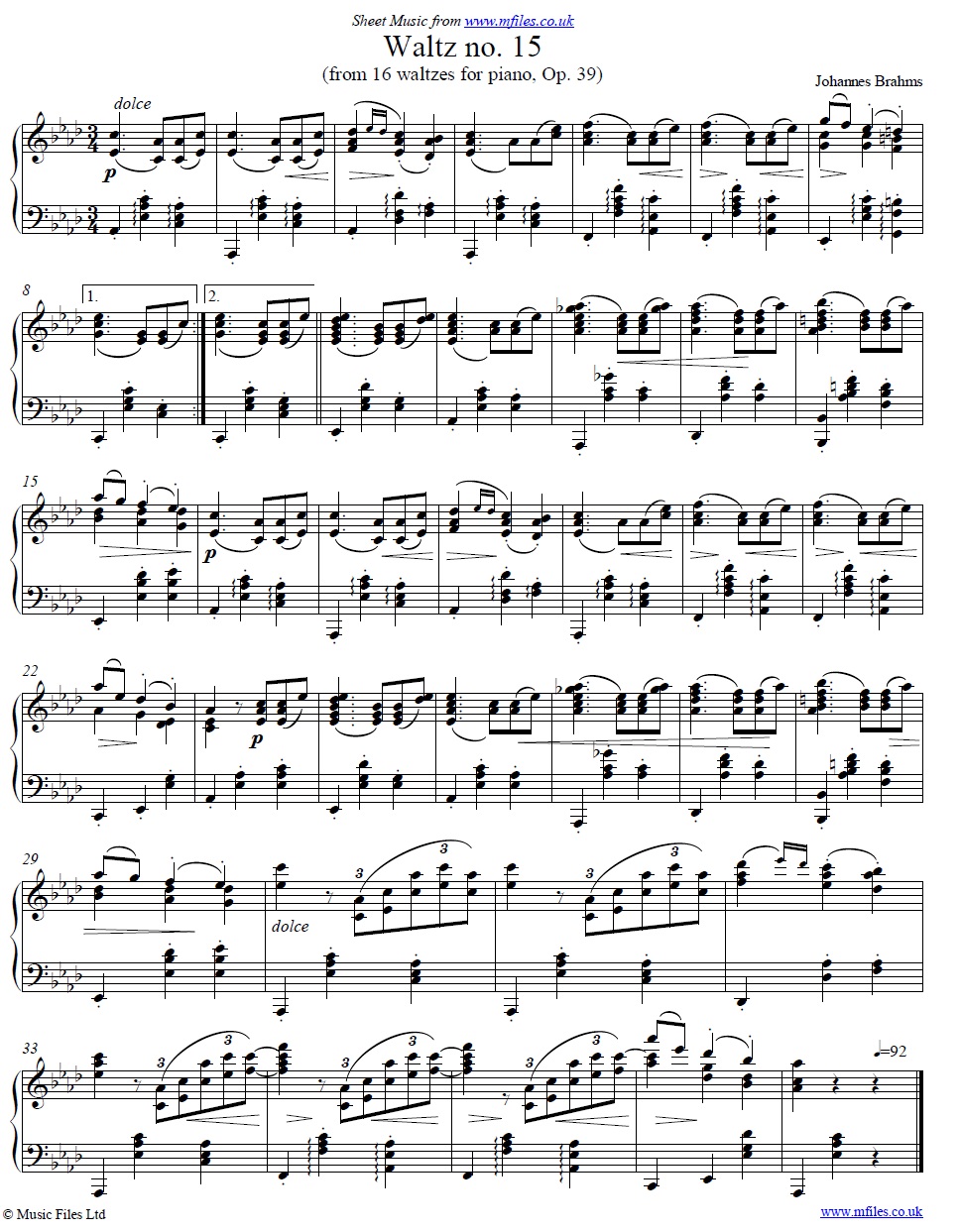 Brahms' Waltz no.15 for piano - sheet music 1st page