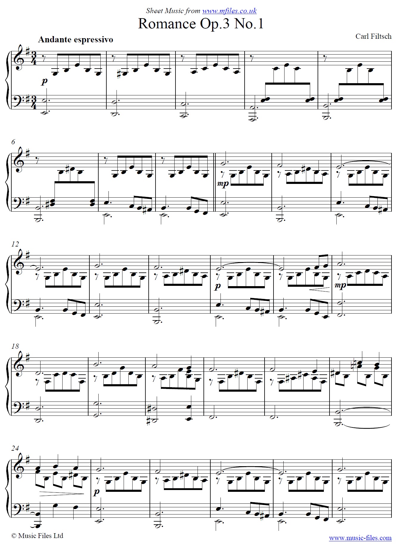 Filtsch's Romance Op.3 No.1 in Em for piano - sheet music 1st page