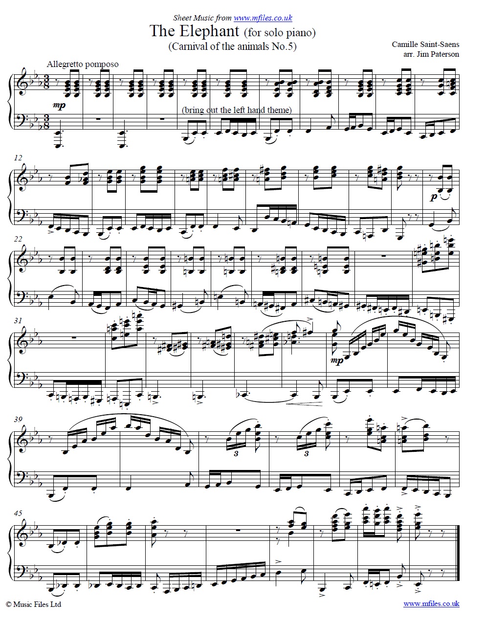 Saint-Saens' The Elephant from Carnival of the Animals for piano - sheet music 1st page