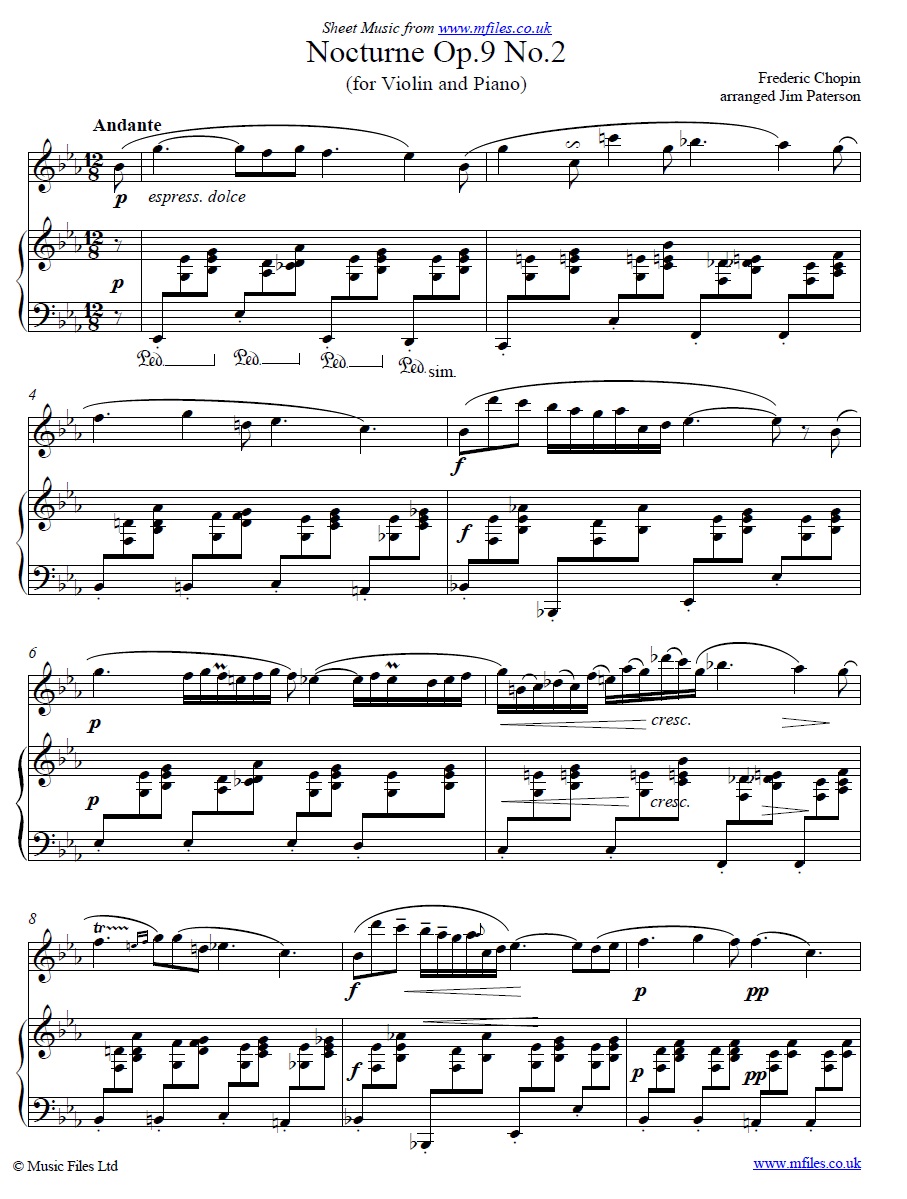 Chopin's Nocturne no.2 for violin and piano - sheet music 1st page