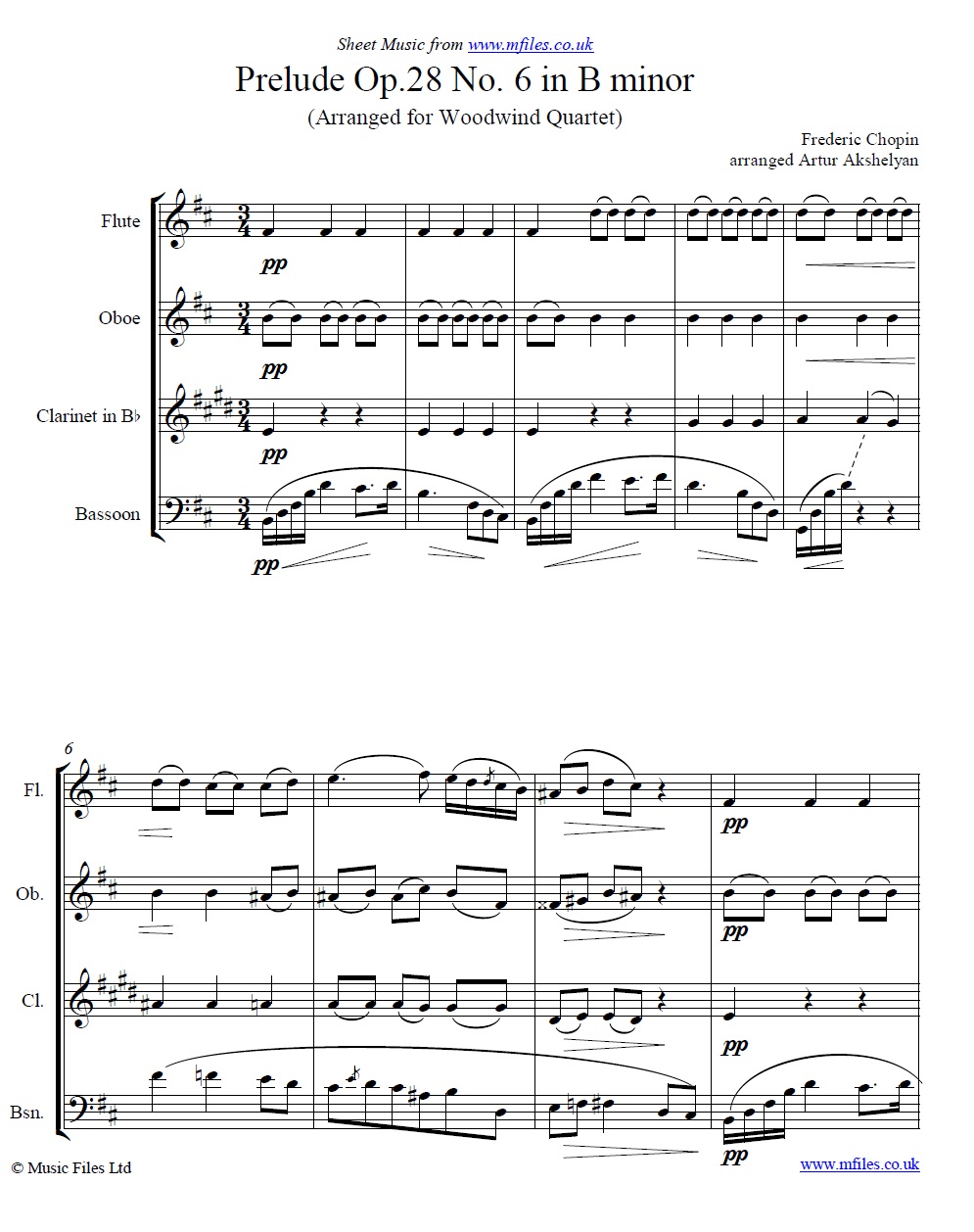 Chopin's Prelude no.6 for woodwind quartet - sheet music 1st page