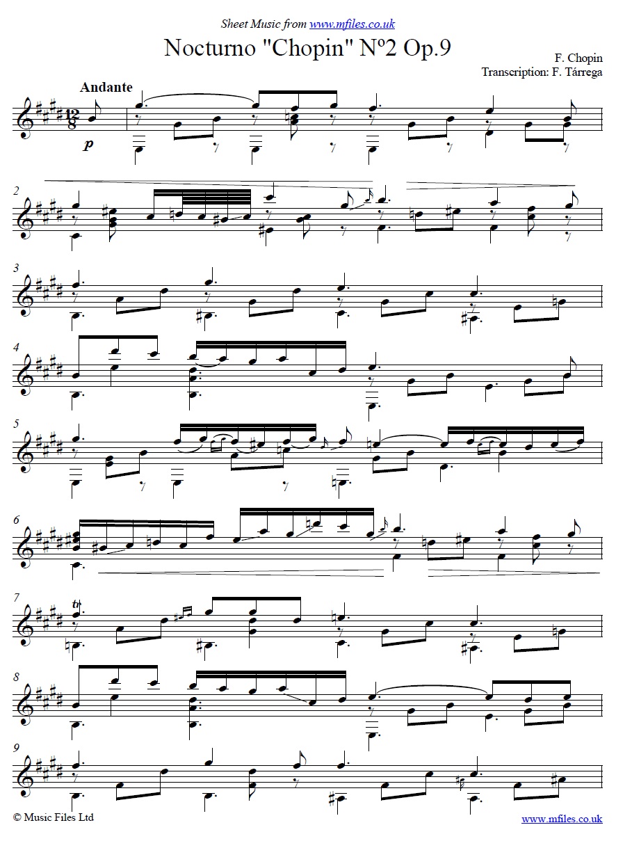 Chopin Nocturne arranged by Tárrega for guitar - sheet music 1st page