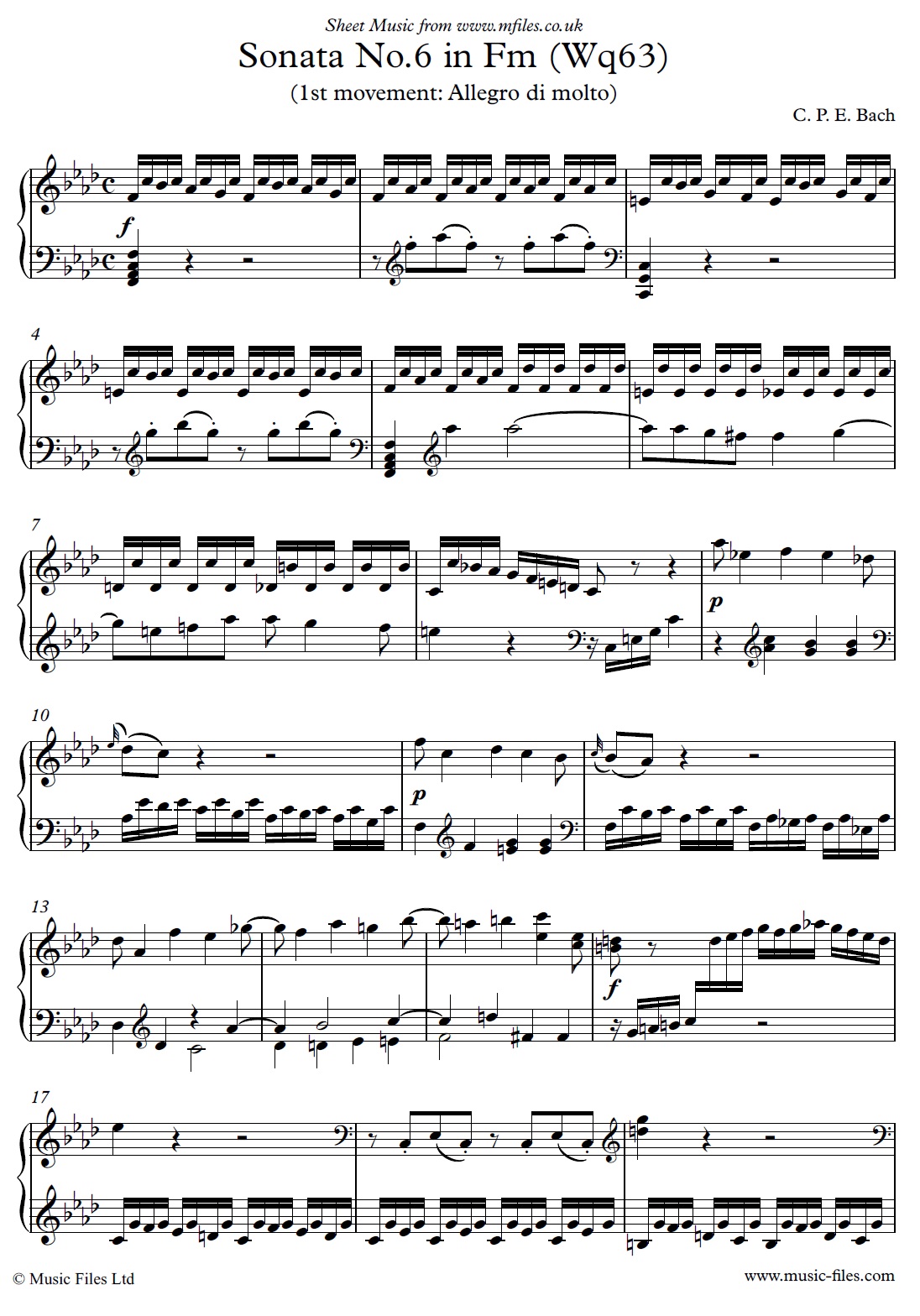 CPE Bach's Keyboard Sonata H75 in Fm, 1st movement Allegro di Molto - sheet music 1st page