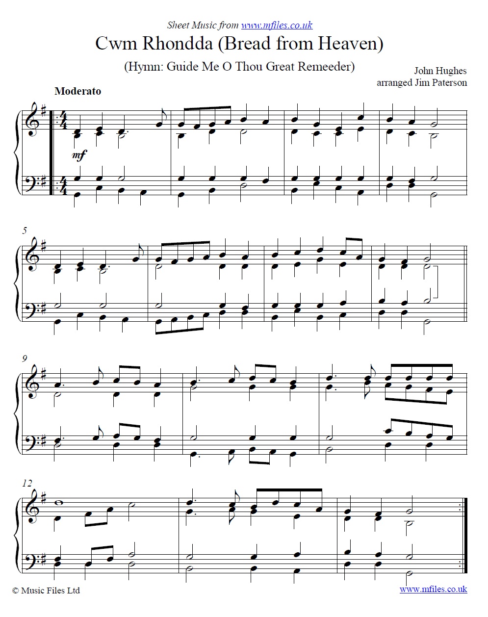 Cwm Rhondda for piano - sheet music 1st page