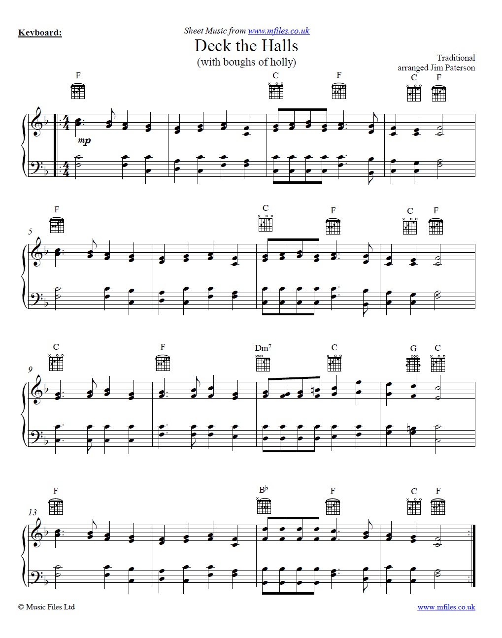 Deck the Halls (with boughs of holly) for piano - sheet music 1st page