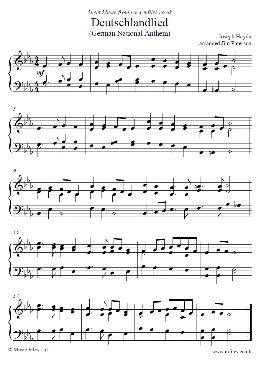 Deutschlandlied (German National Anthem by Haydn) for piano - sheet music 1st page
