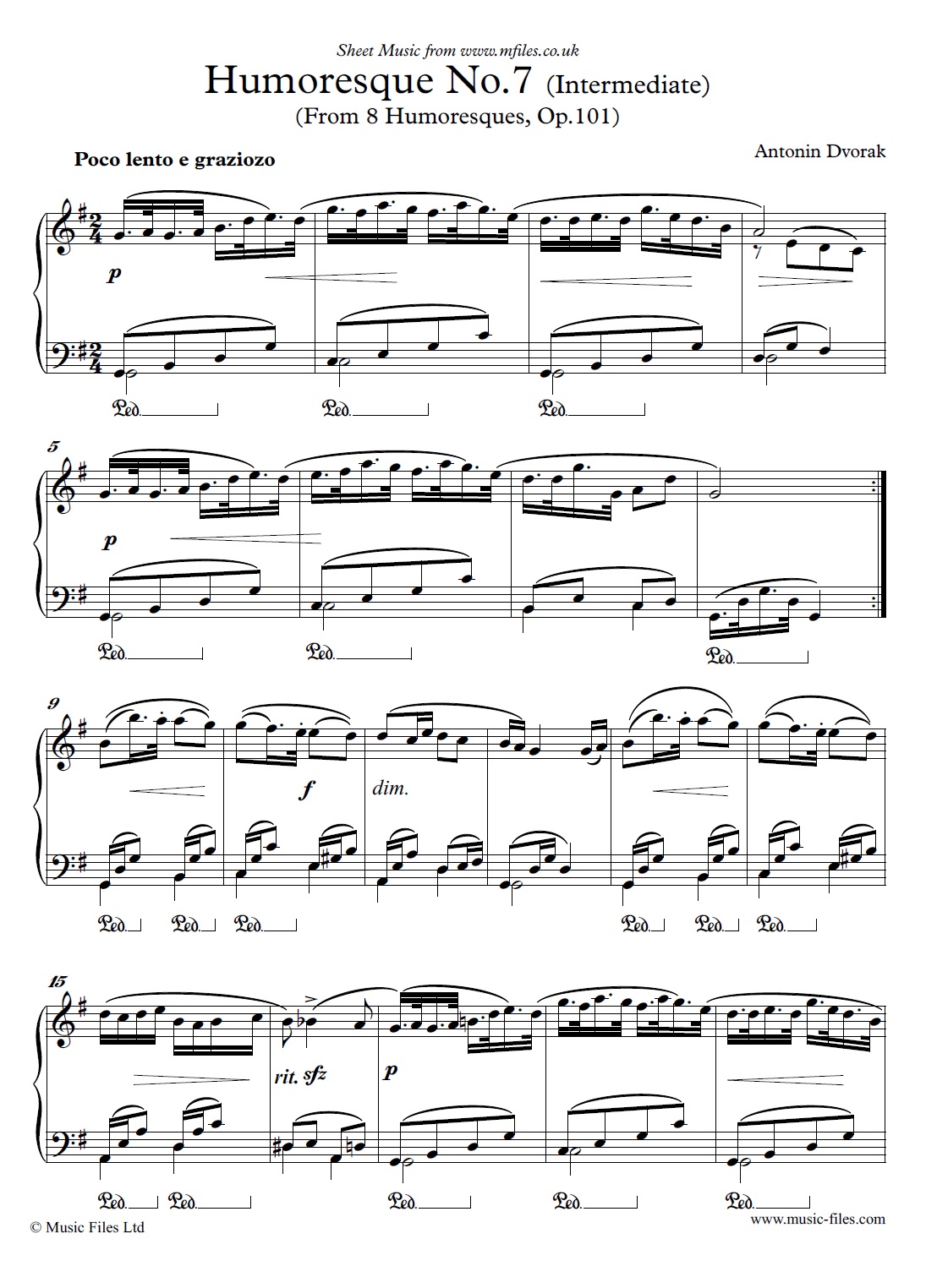 Dvorak's Humoresque No.7 in G for Intermediate Piano - sheet music 1st page