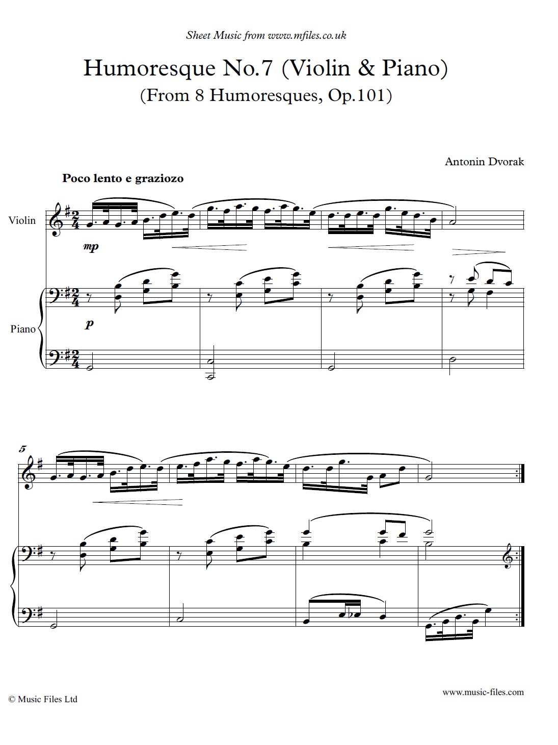 Dvorak's Humoresque No.7 for violin and piano - sheet music 1st page
