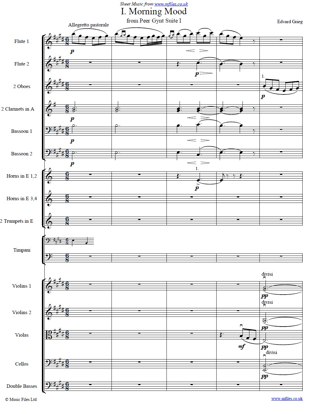 Grieg's Morning Mood from Peer Gynt (orchestral score) - sheet music 1st page