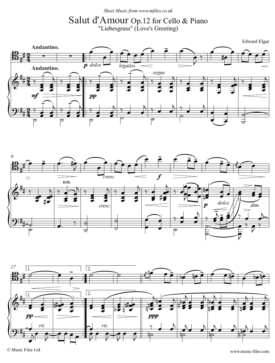 Elgar's Salut d'Amour Op.12 for cello and piano - sheet music 1st page
