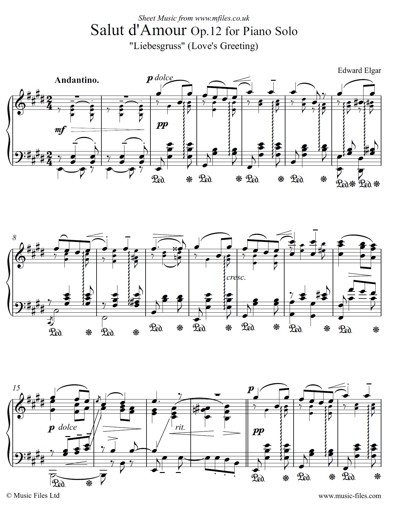 Elgar's Salut d'Amour Op.12 for piano solo - sheet music 1st page