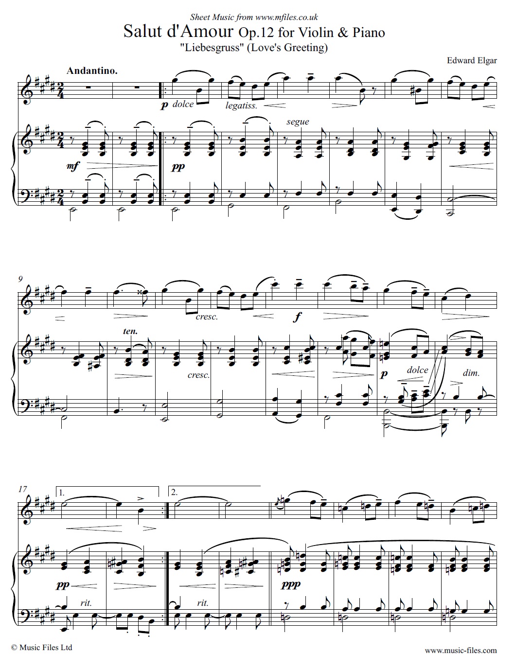Elgar's Salut d'Amour Op.12 for violin and piano - sheet music 1st page