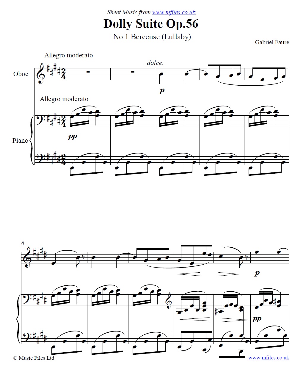 Fauré's Dolly: Berceuse (arranged for oboe or other instrument and piano) - sheet music 1st page