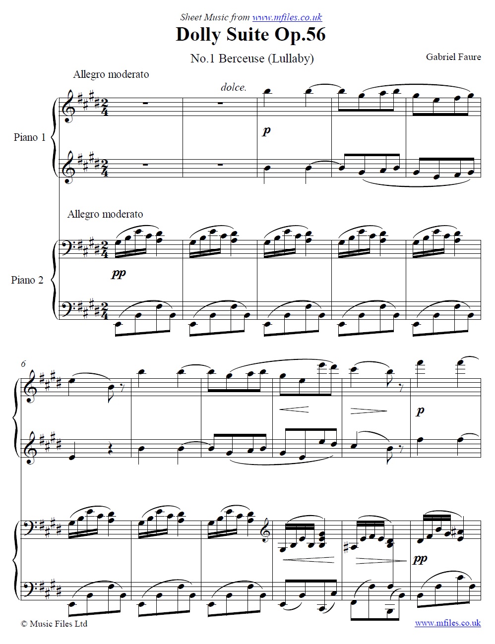Fauré's Berceuse (Lullaby) from the Dolly Suite (Piano Duet) - sheet music 1st page