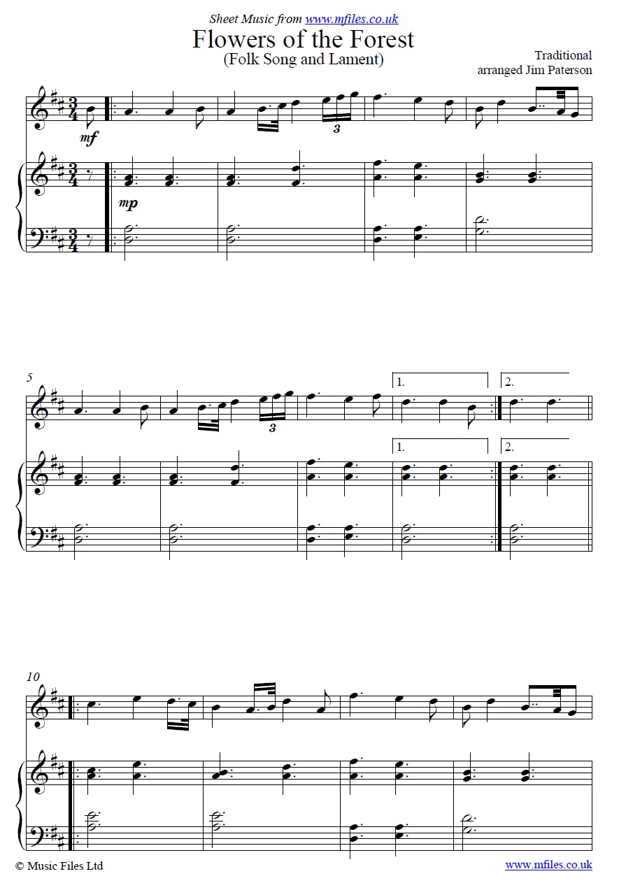 Flowers of the Forest for bagpipes or oboe and piano - sheet music 1st page