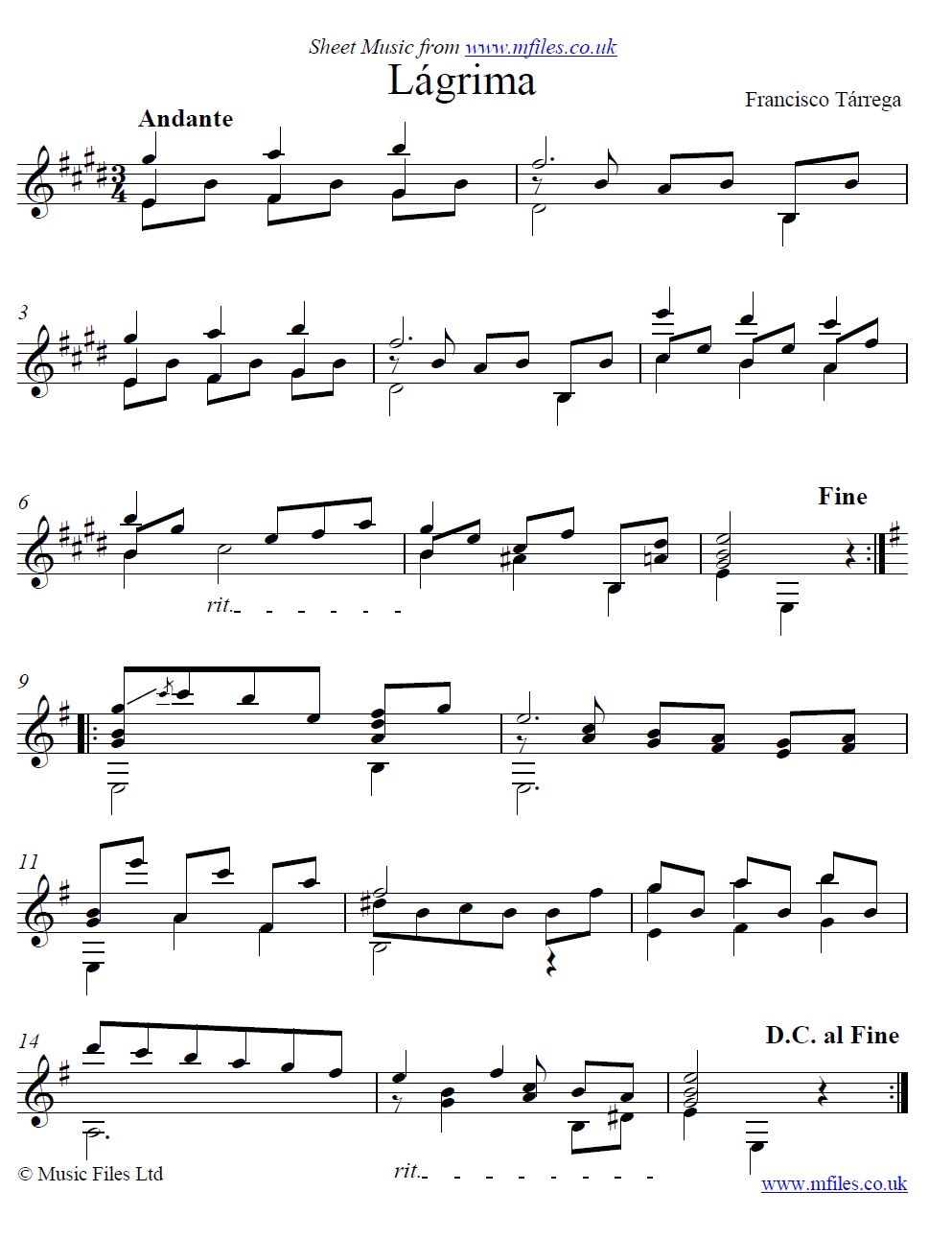 Tárrega's Lágrima (Teardrop) for guitar - sheet music 1st page