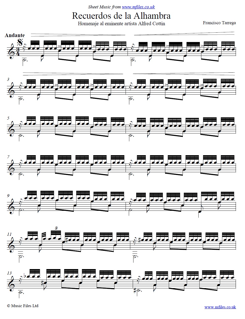 Tárrega's Recuerdos de la Alhambra for guitar - sheet music 1st page