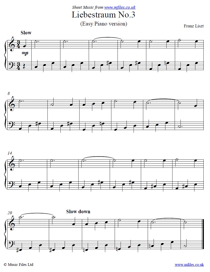 Liszt's Liebestraum No.3 for easy piano - sheet music 1st page