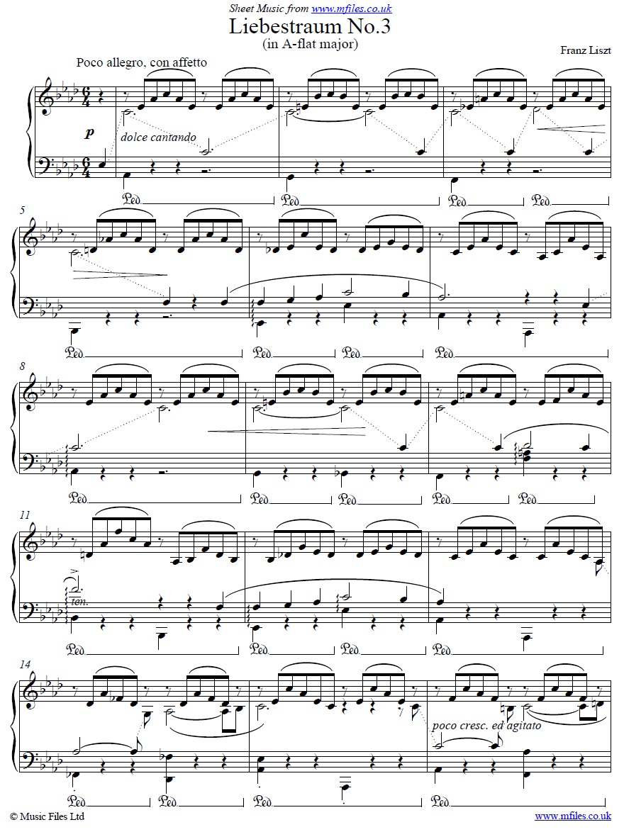 Liszt's Liebestraum No.3 for piano - sheet music 1st page
