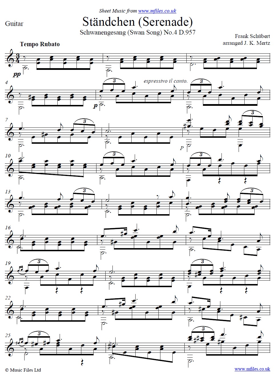 Schubert's Ständchen (Serenade) arr. Mertz for Guitar - sheet music 1st page