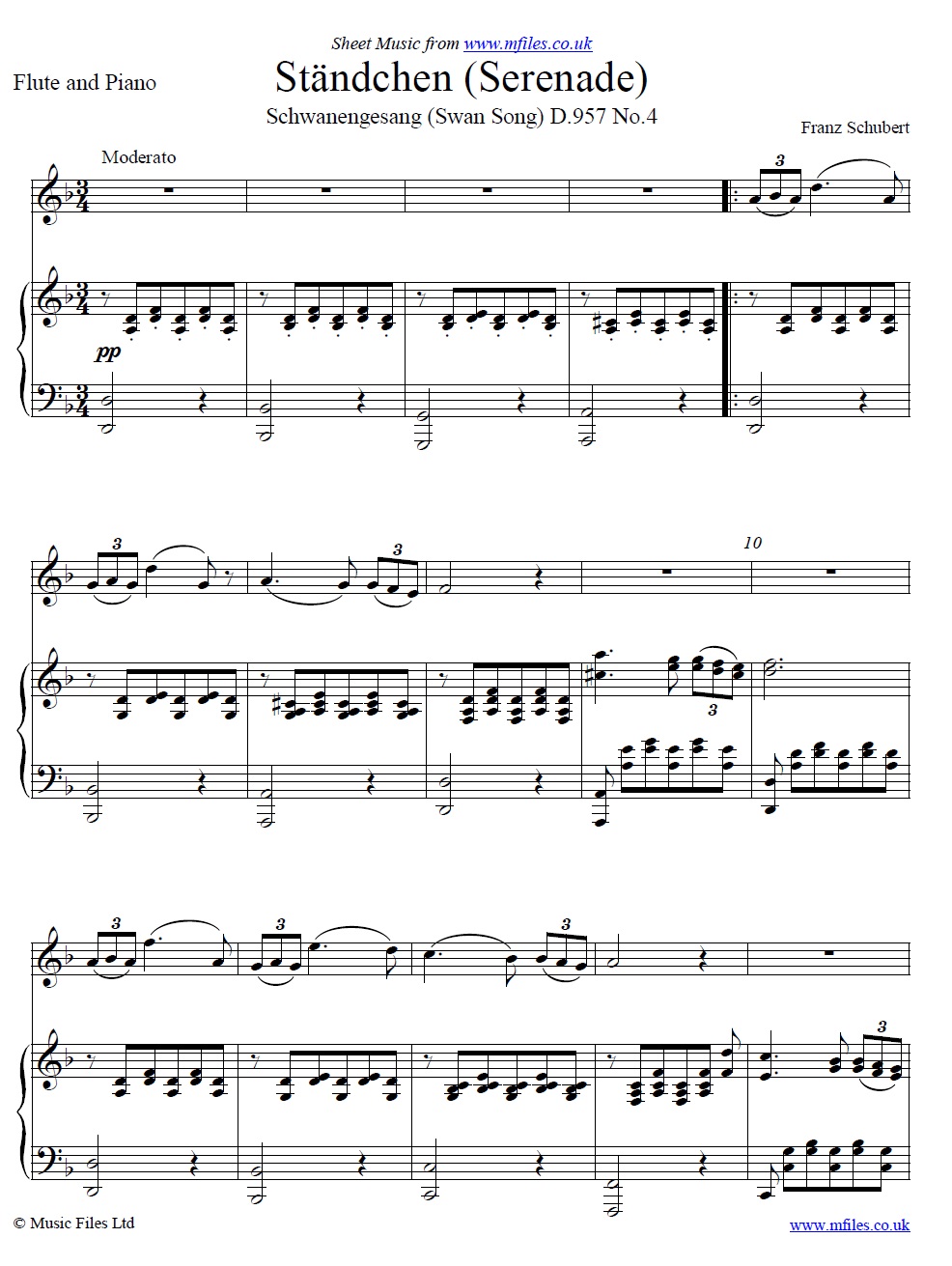 Schubert's Ständchen (Serenade) for flute and piano - sheet music 1st page