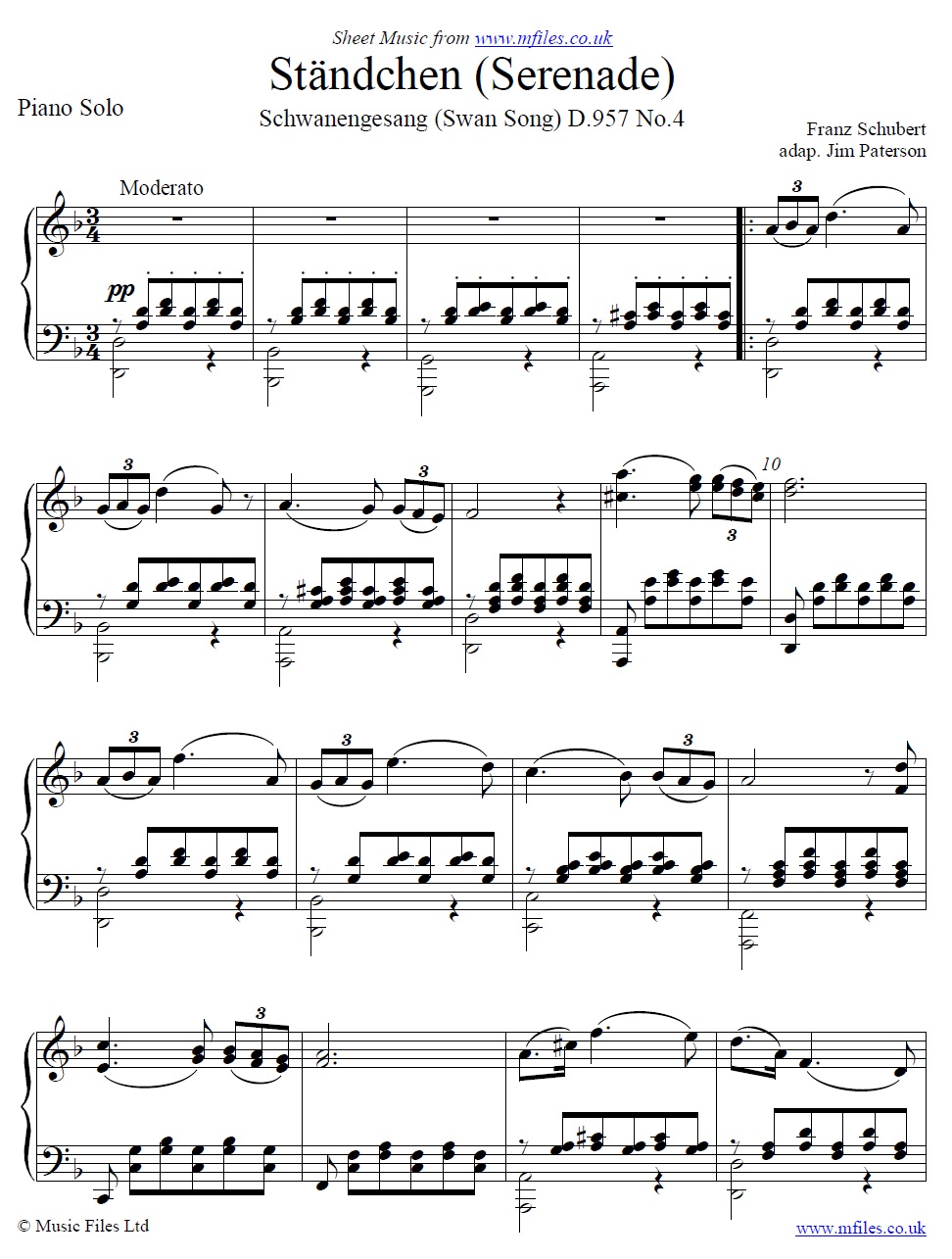 Schubert's Ständchen (Serenade) for piano - sheet music 1st page