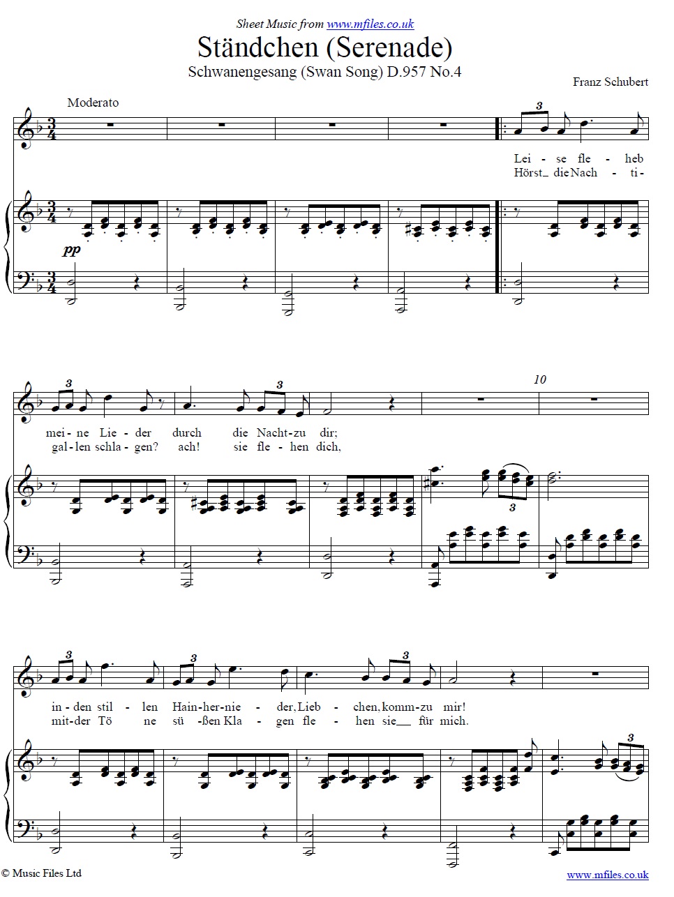 Schubert's Ständchen (Serenade) for voice and piano - sheet music 1st page