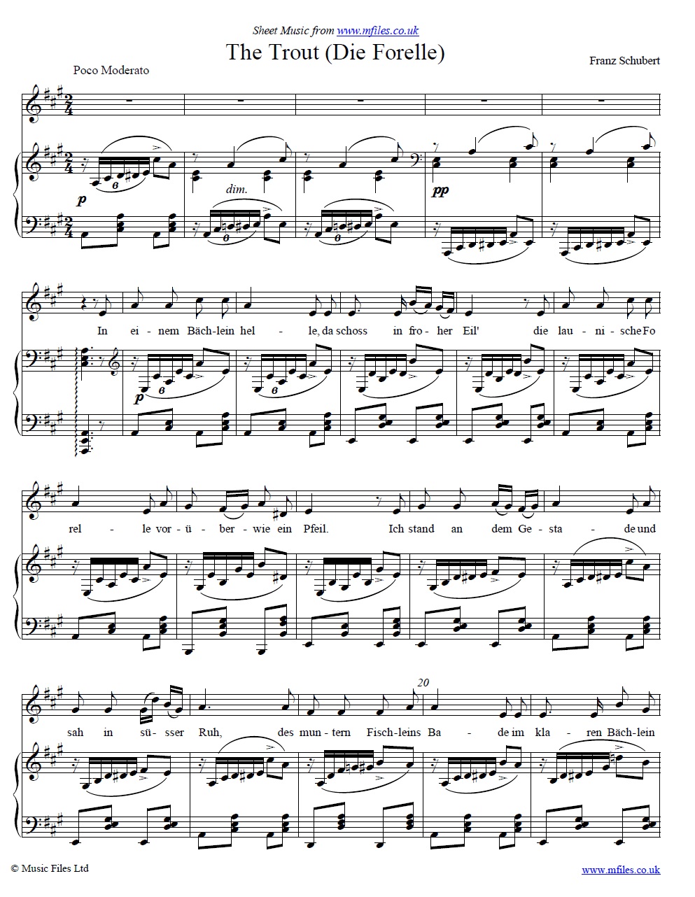 Schubert's The Trout (Die Forelle) for voice and piano - sheet music 1st page