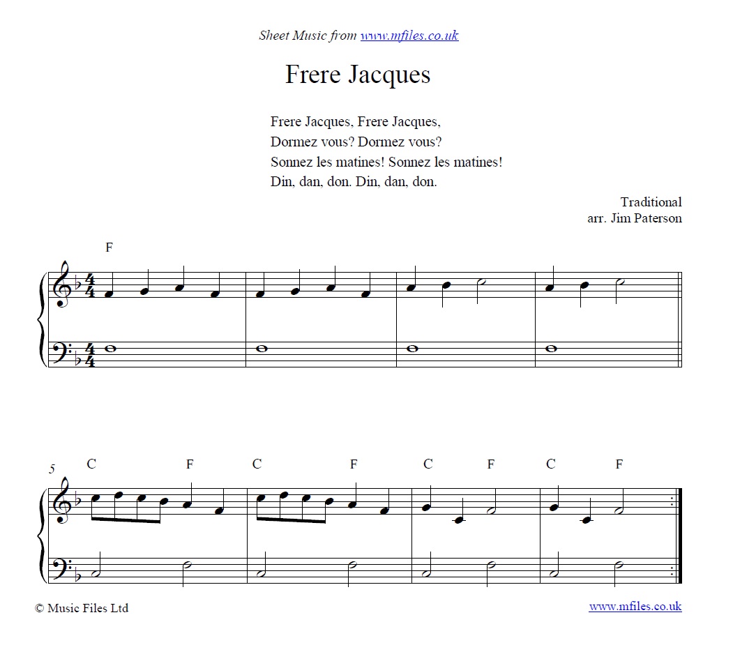 Frere Jacques for piano - sheet music 1st page