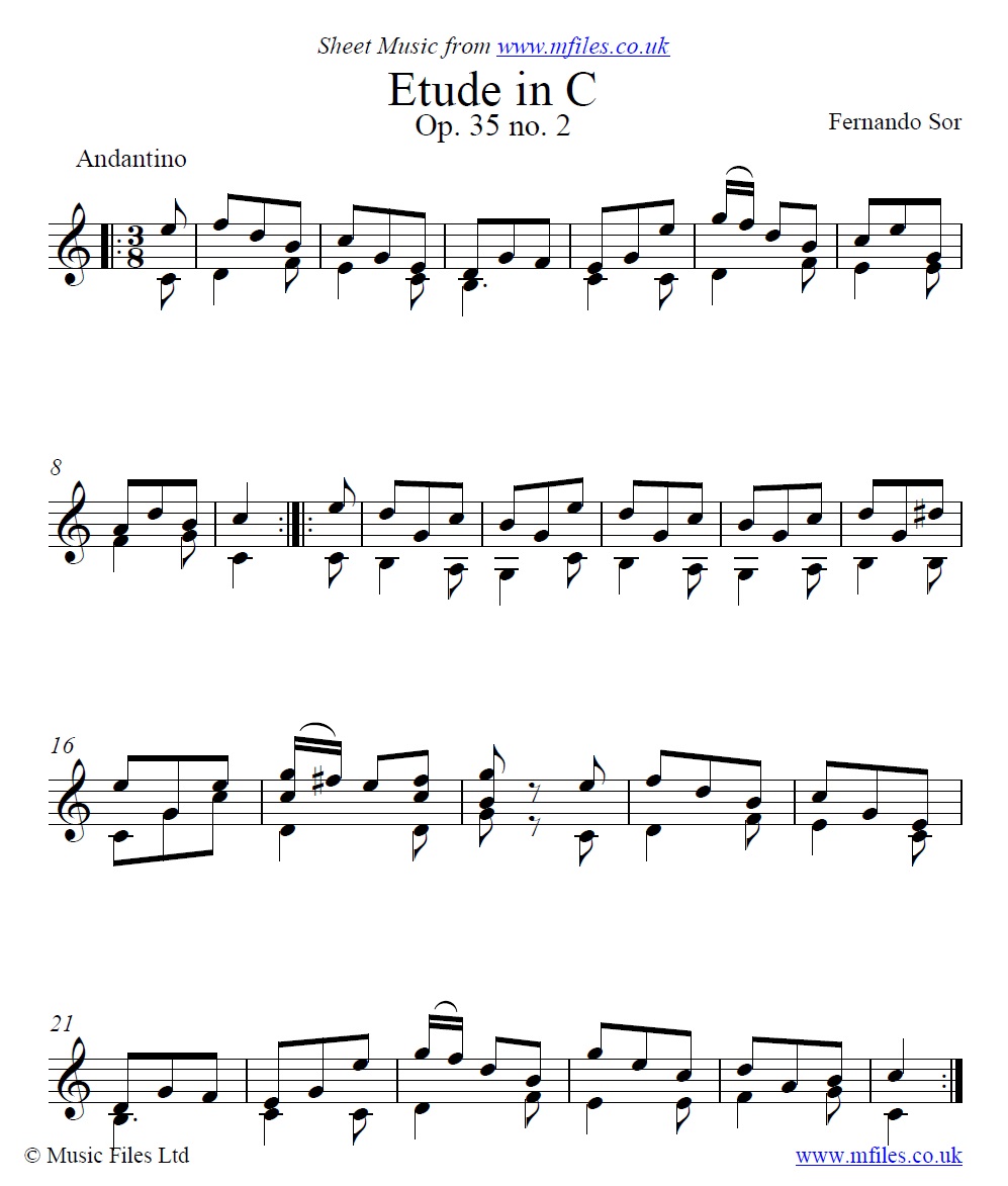 Sor's Etude Op.35 No.2 for guitar - sheet music 1st page