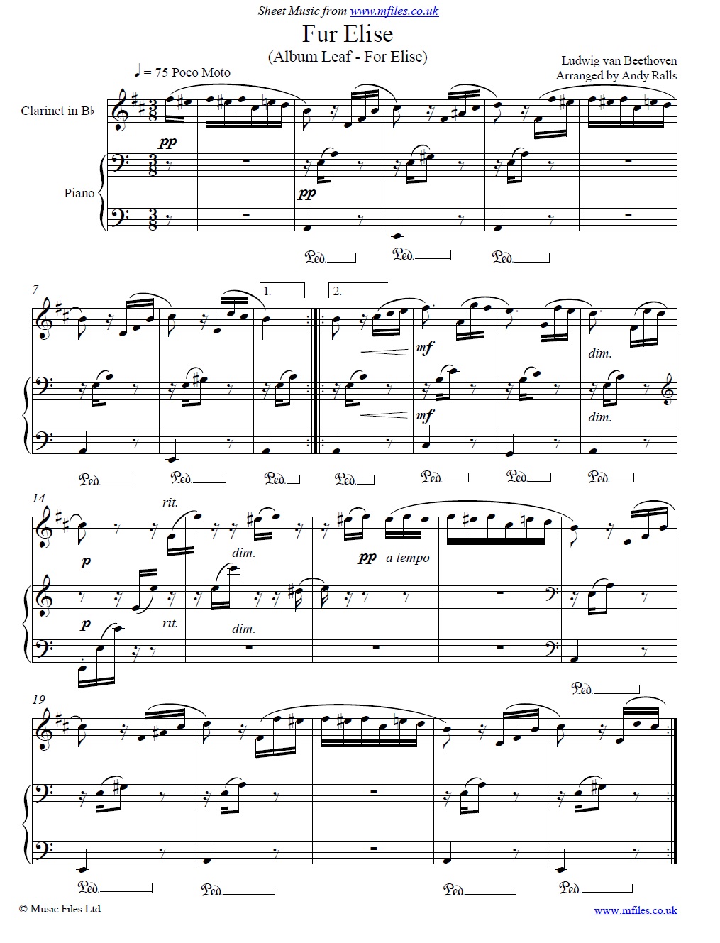 Beethoven's Fur Elise for clarinet and piano - sheet music 1st page