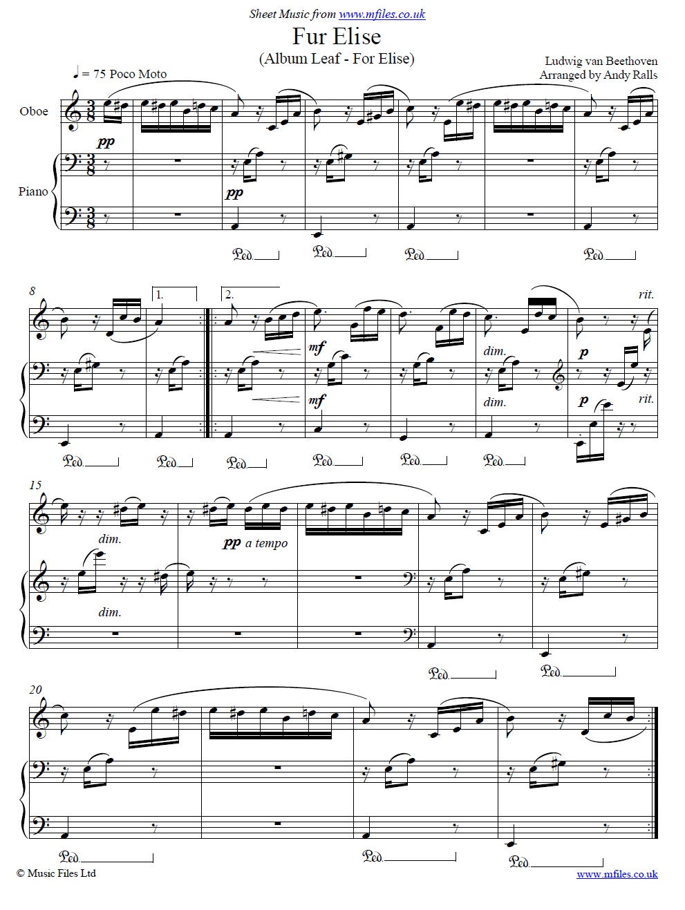 Beethoven's Fur Elise for oboe and piano - sheet music 1st page