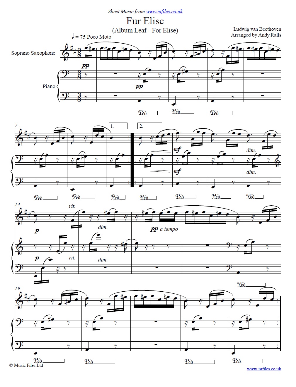 Beethoven's Fur Elise for soprano sax and piano - sheet music 1st page