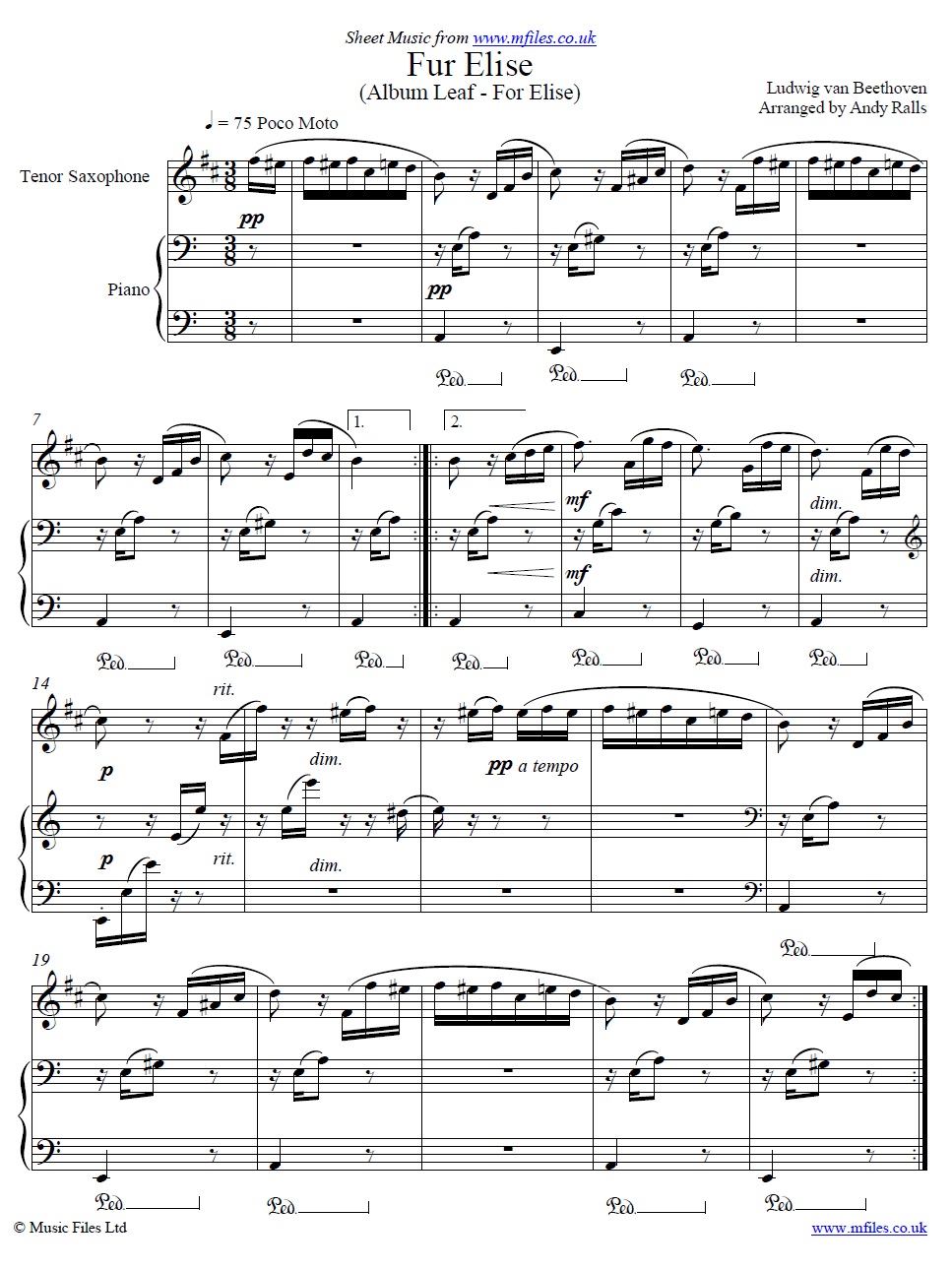 Beethoven's Fur Elise for tenor sax and piano - sheet music 1st page