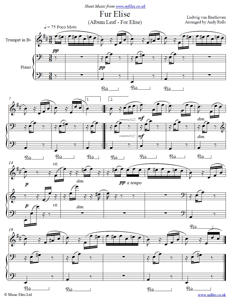 Beethoven's Fur Elise for trumpet and piano - sheet music 1st page