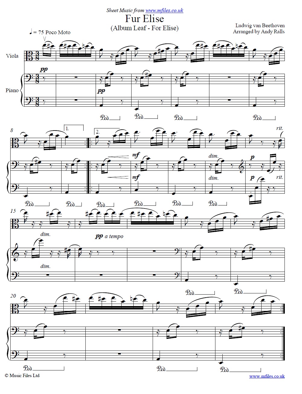 Beethoven's Fur Elise for viola and piano - sheet music 1st page