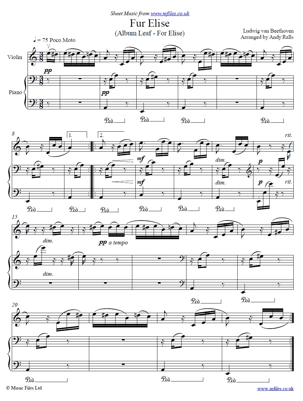 Beethoven's Fur Elise for violin and piano - sheet music 1st page